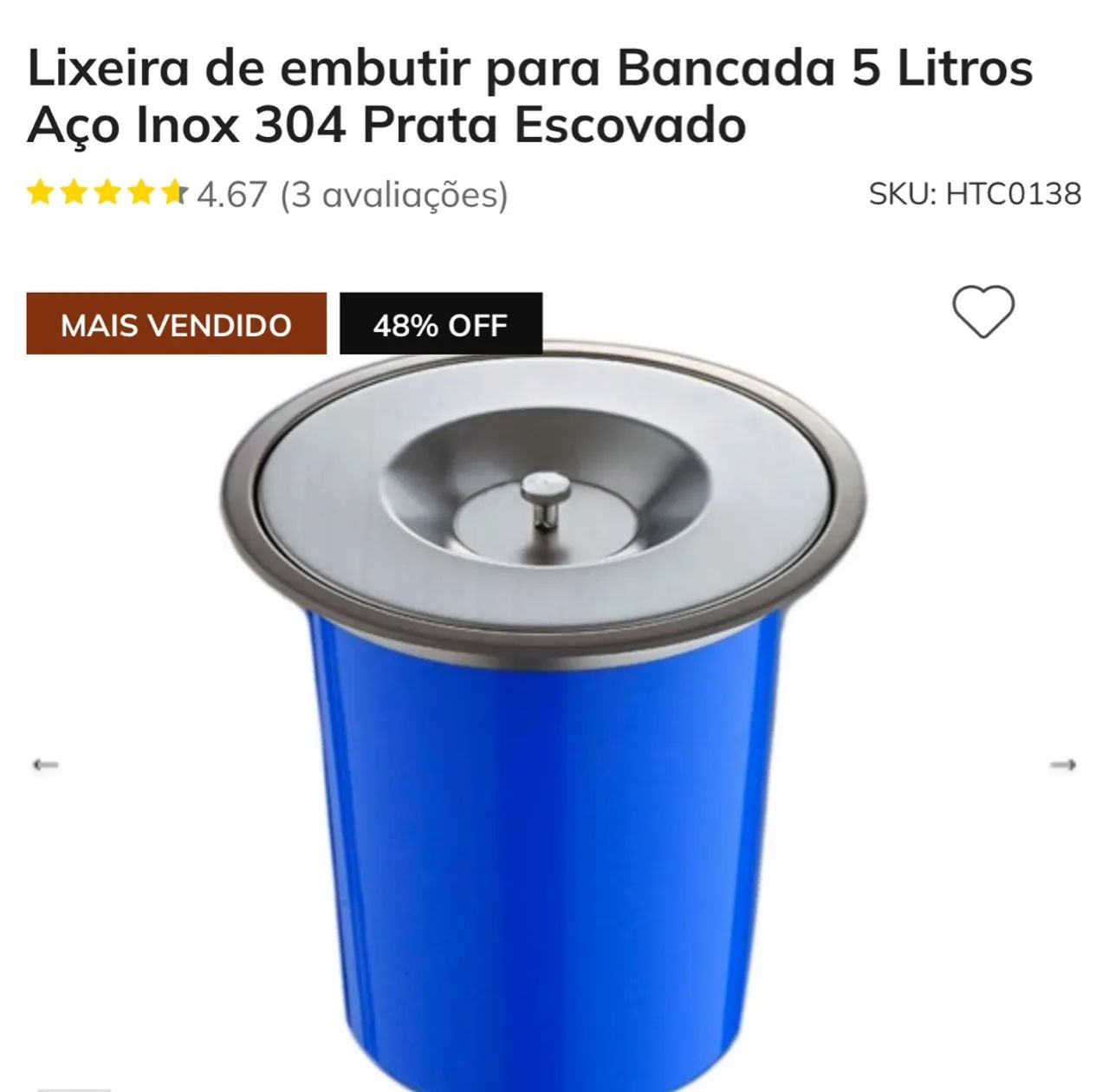 Lixeira de embutir para bancada 5 Litros Aço Inox