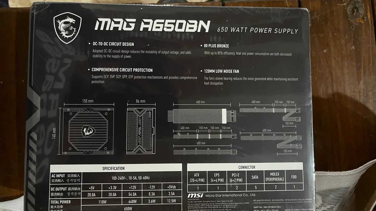 Fonte MSI MAG A650BN 650W 80 Plus Bronze - Nova/Lacrada - Foto 3