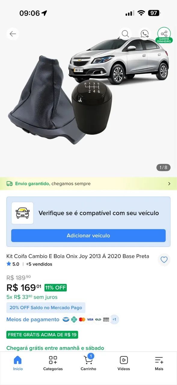 Coifa e bola cãmbio onix (2012-2020) compatível com outros modelos