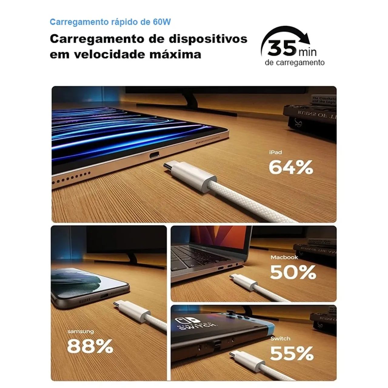 Cabo de 60w reforçado de malha para Iphones e Androids - 1 metro (Tipo C para Tipo C) - Foto 3