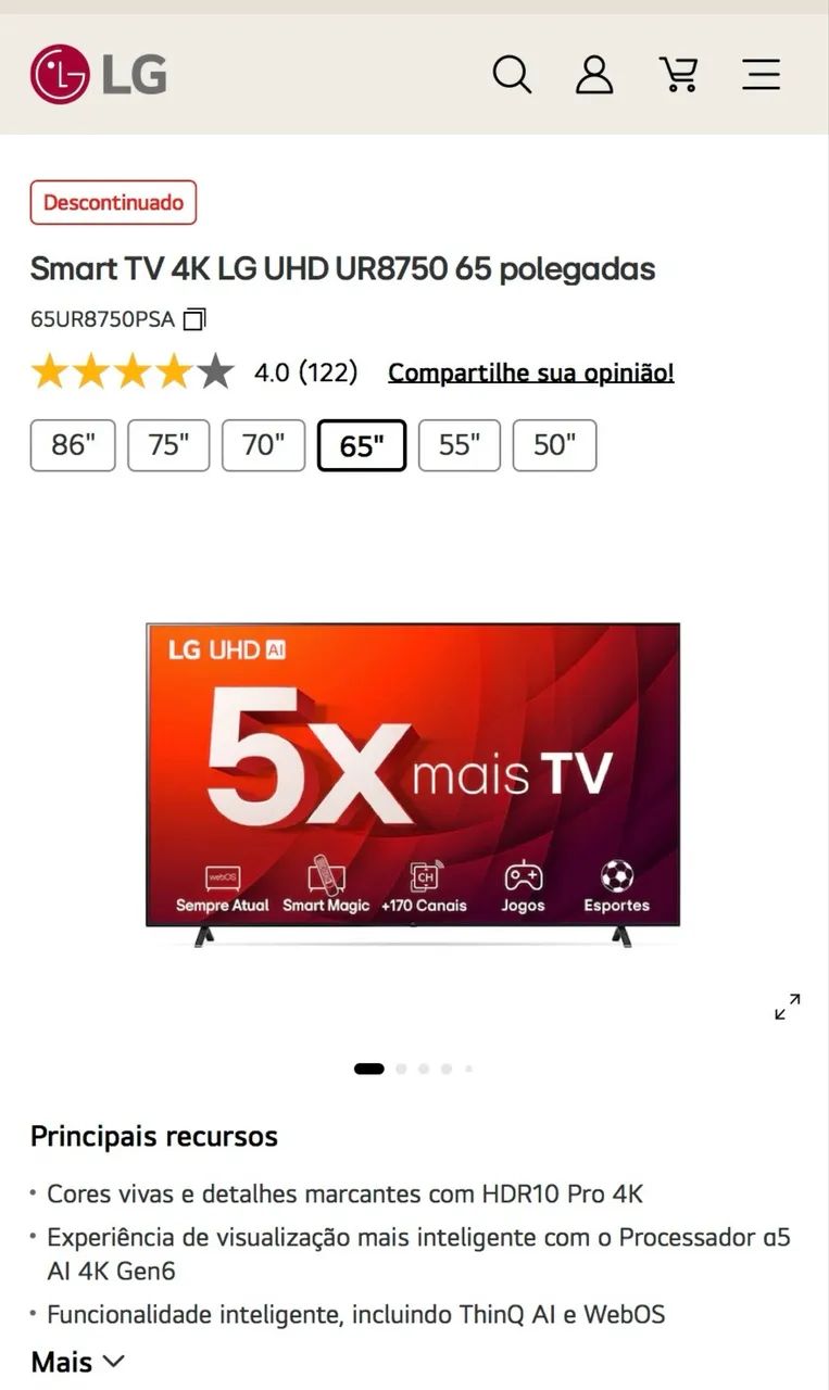 Smart TV 4K LG UHD UR8750 65 polegadas