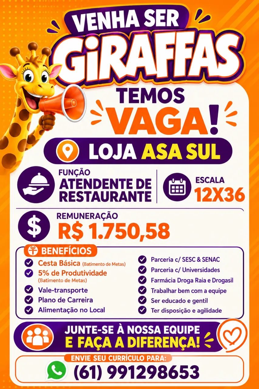 VAGA ATENDENTE GIRAFFAS 