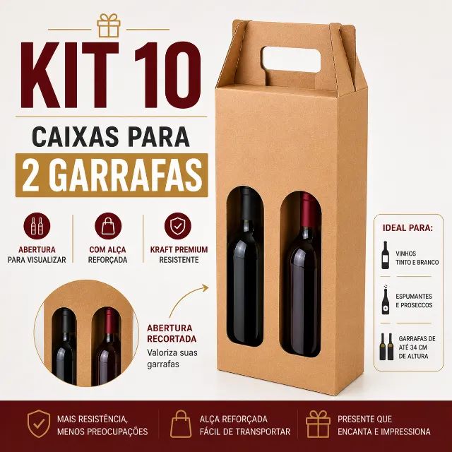 Kit 10 Caixas Para 2 Vinhos Com Visor Kraft 34 cm  - Foto 5