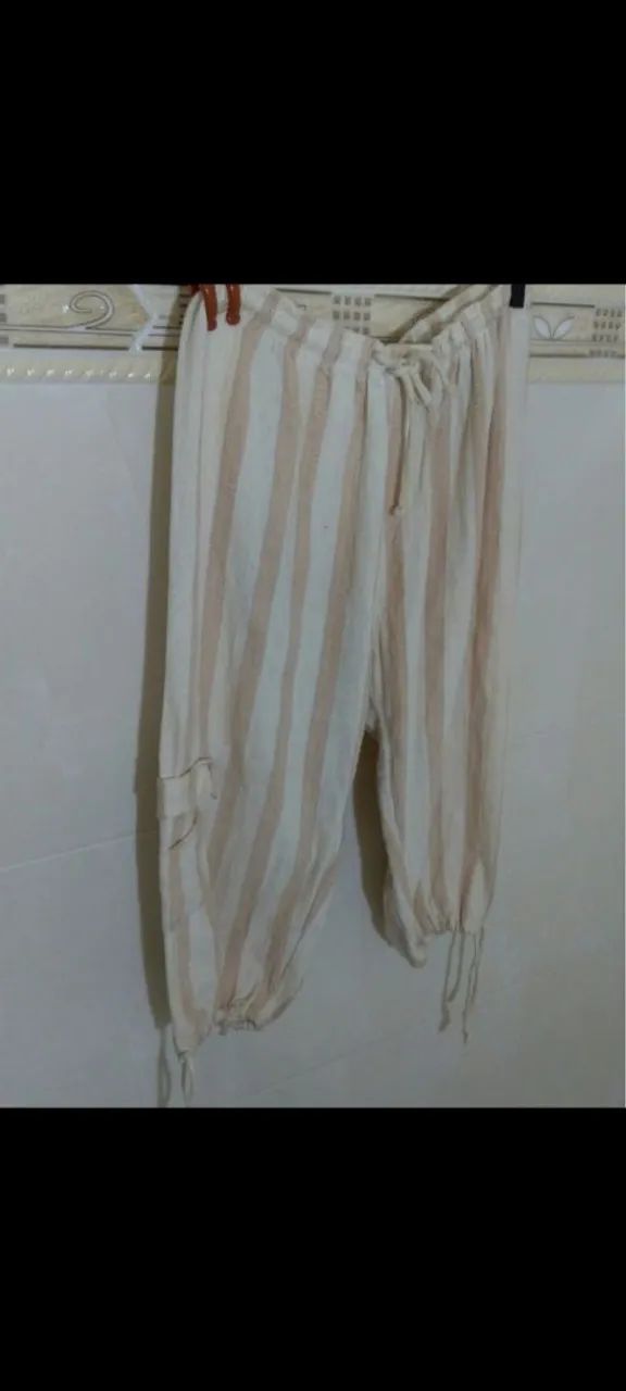 Calça de linho branca listrada - Foto 4