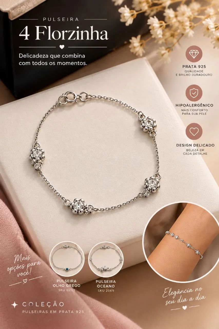 Pulseira 4 florzinhas - prata 925
