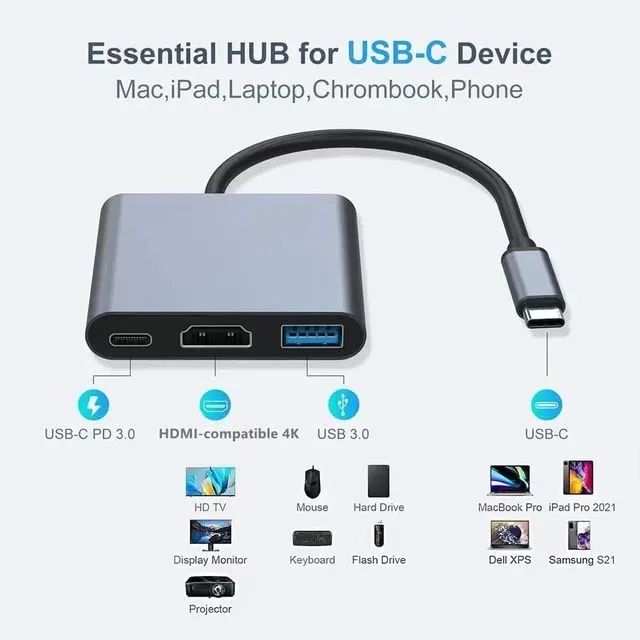Adaptador Hub 3 em 1 com HDMI, USB-C, USB 3.0, tipo C - Foto 2