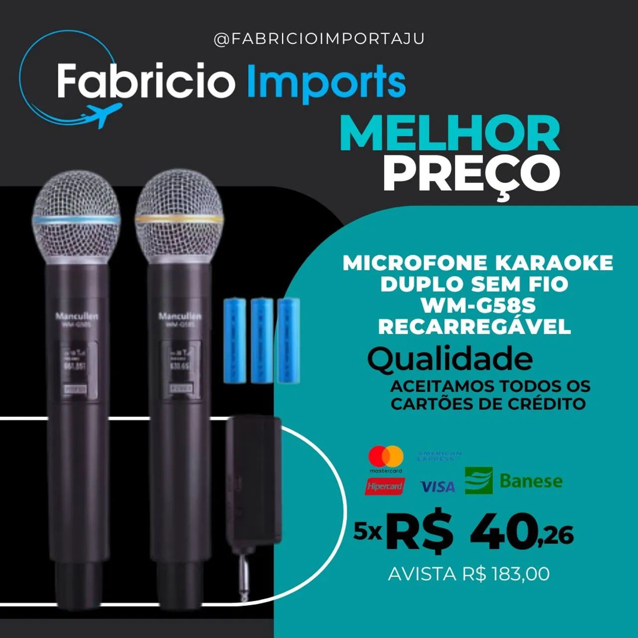 Microfone Karaokê Duplo Sem Fio WM-G58S Recarregável