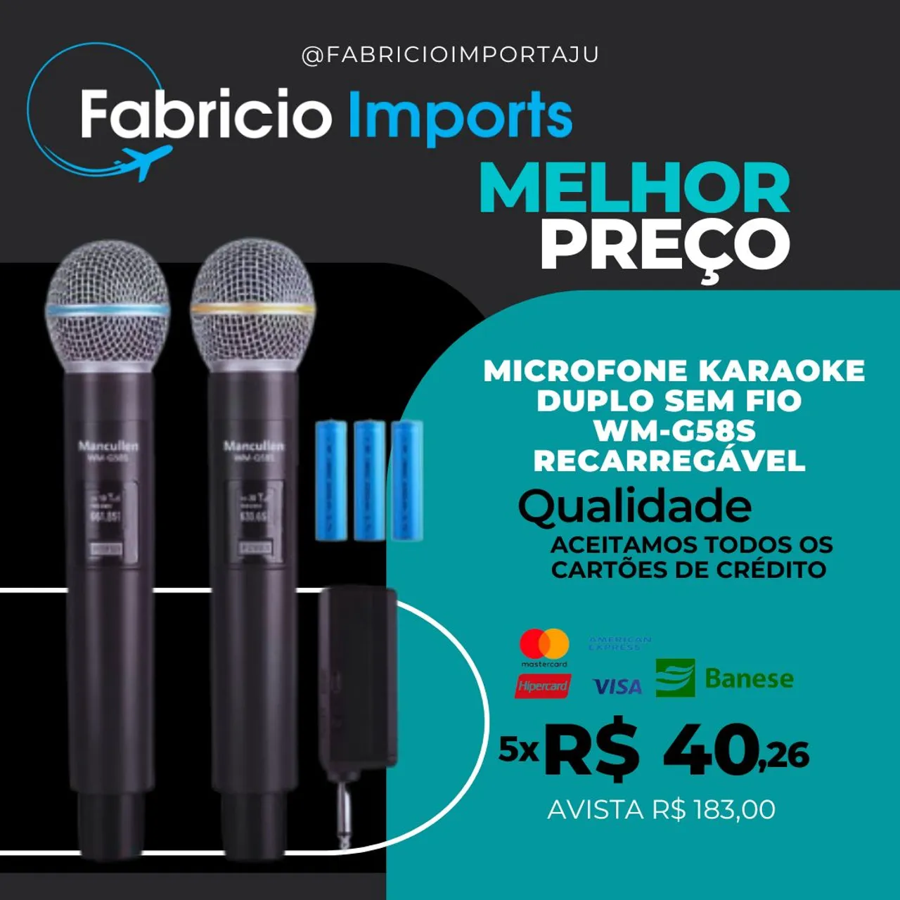 Microfone Karaokê Duplo Sem Fio WM-G58S Recarregável