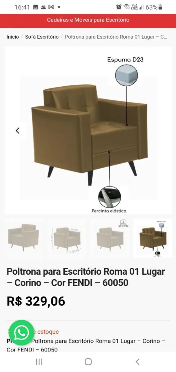 Poltrona para Escritório Roma 01 Lugar - Corino - FENDI - Foto 2