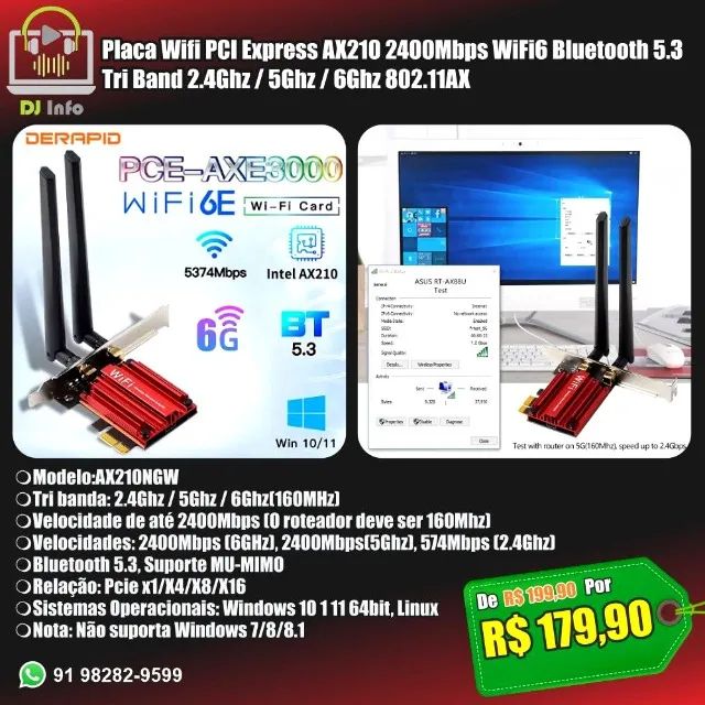 Placa Wifi PCI Express AX210 2400Mbps WiFi6 Bluetooth 5.3 Tri Band 2.4Ghz / 5Ghz / 6Ghz