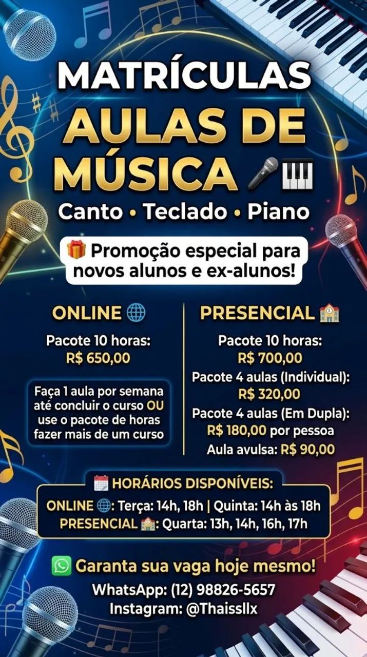 Aulas de canto teclado ou piano