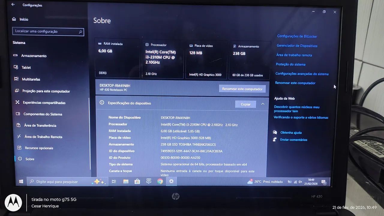 Notebook HP Intel core i3 6GB SSD 256 - Foto 4