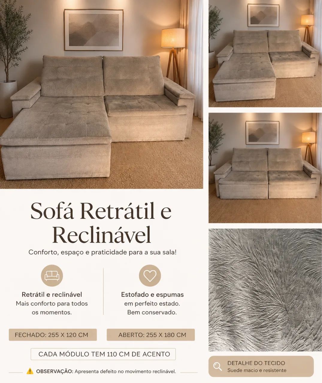 Sofá retrátil e reclinável, lindo em ótimo estado 