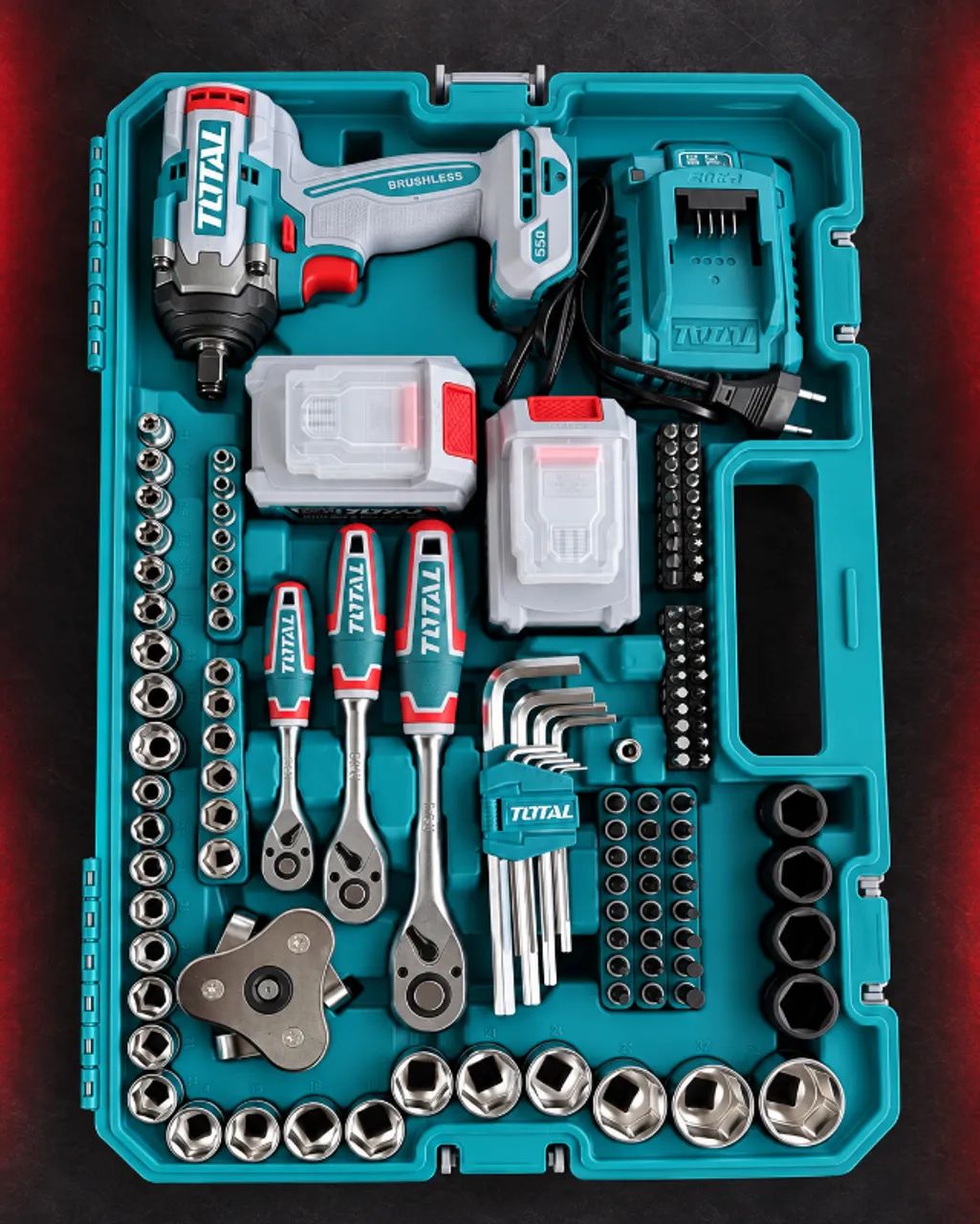 Kit Total 172 peças + Chave de Impacto 550Nm 20V + 2 baterias