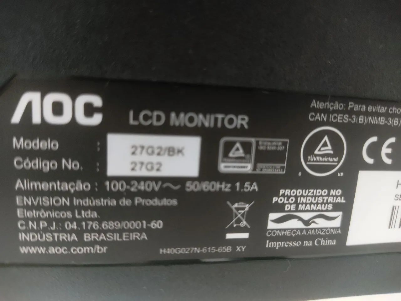 Monitor LCD AOC 27G2/BK para técnicos. Tela com defeito. - Foto 2