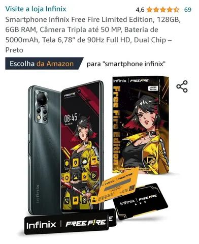 Smartphone Infinix Free Fire Limited Edition, 128GB, 6GB RAM, Câmera Tripla  até 50 MP, Bateria de 5000mAh, Tela 6,78” de 90Hz Full HD, Dual Chip –  Preto