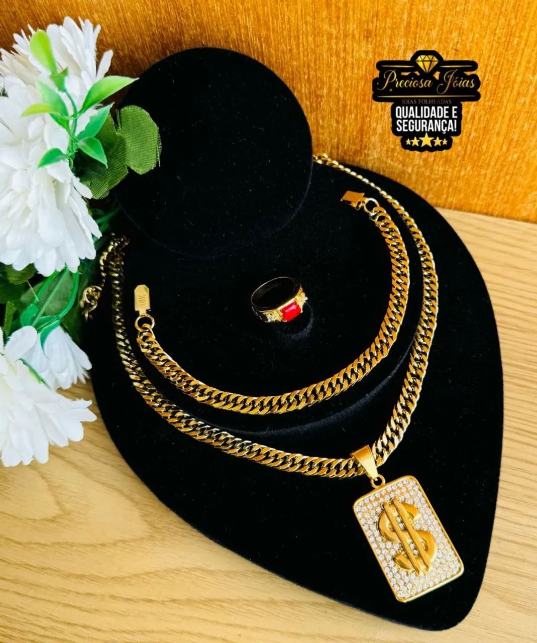 Conjunto de Corrente e Pingente Masculino Banhado a Ouro 18k - Foto 4