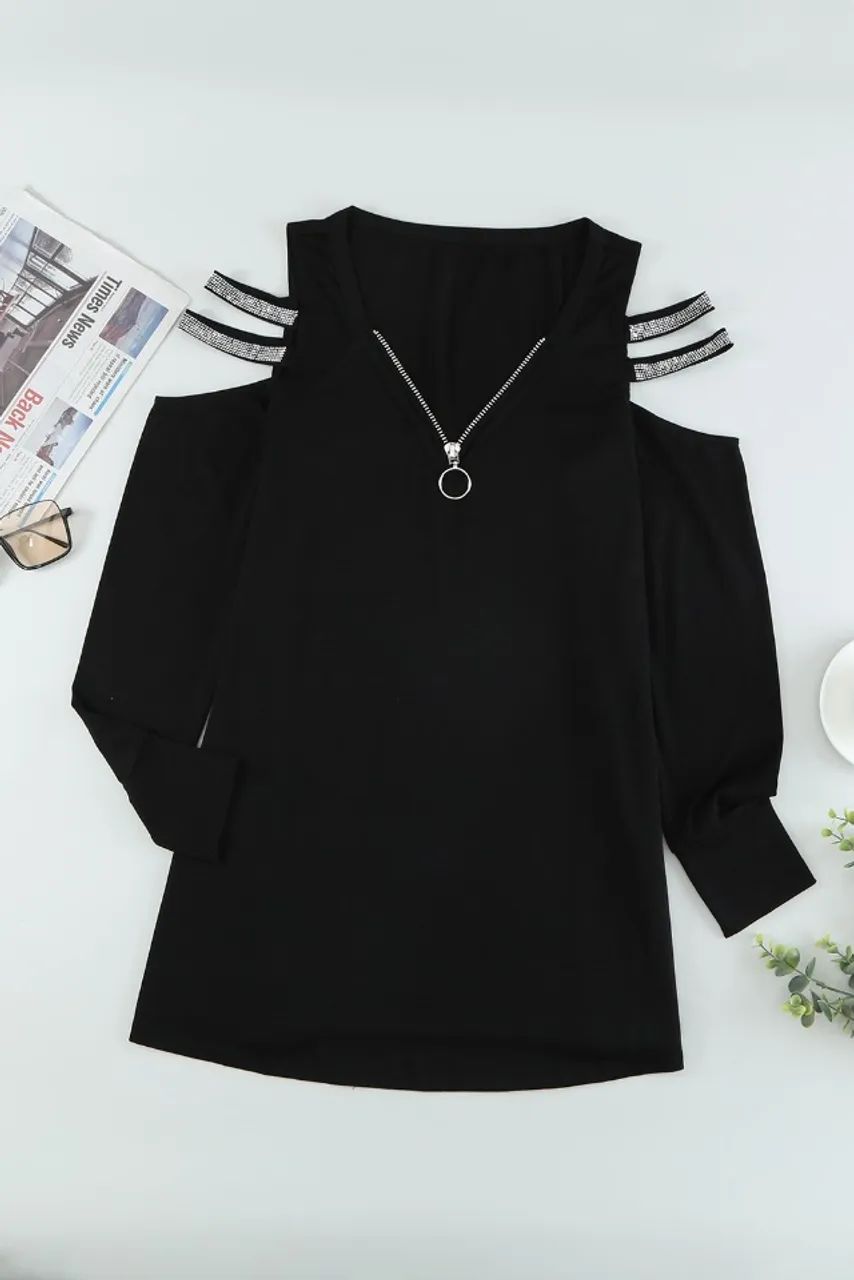 Blusa manga comprida preta com detalhes em sequin NOVA - Foto 3