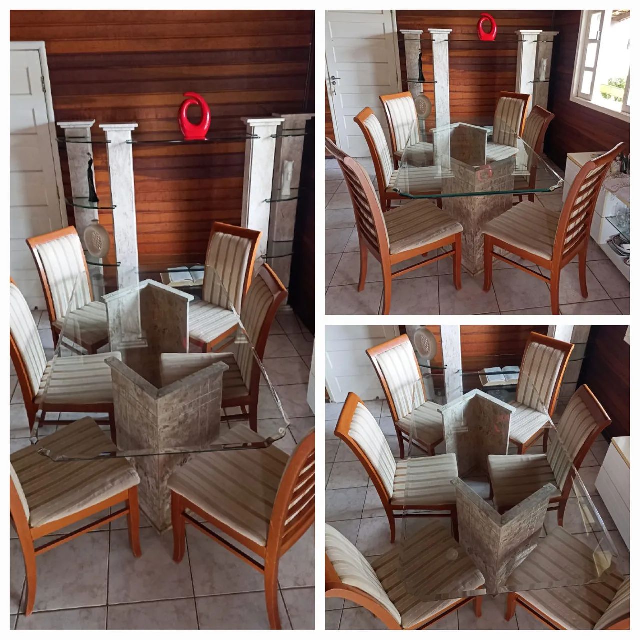 Mesa com pés de mármore e tampo de vidro