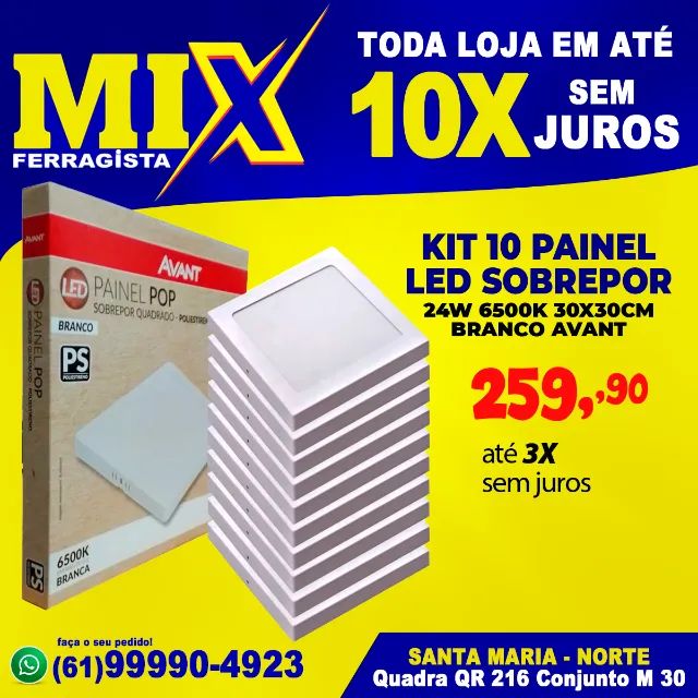 Kit 10 Painel Led Sobrepor 24w 6500k 30x30cm Branco Avant