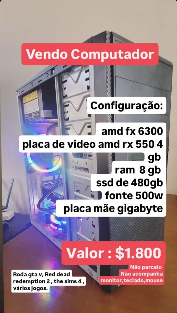 PC Gamer / AMD FX 6300, RX 550 4GB, 8GB RAM, SSD 480GB