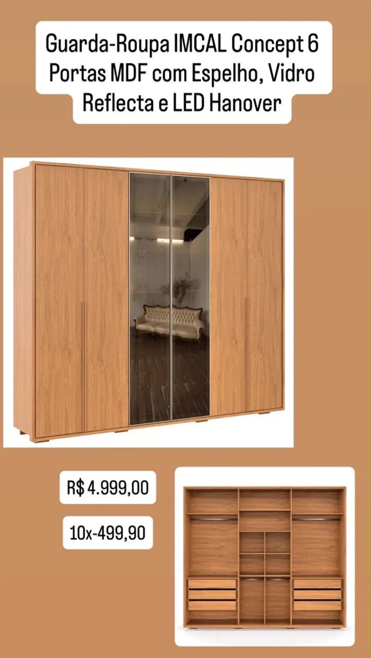 Guarda-Roupa IMCAL Concept 6 Portas MDF com Espelho, Vidro Reflecta e LED Hanover