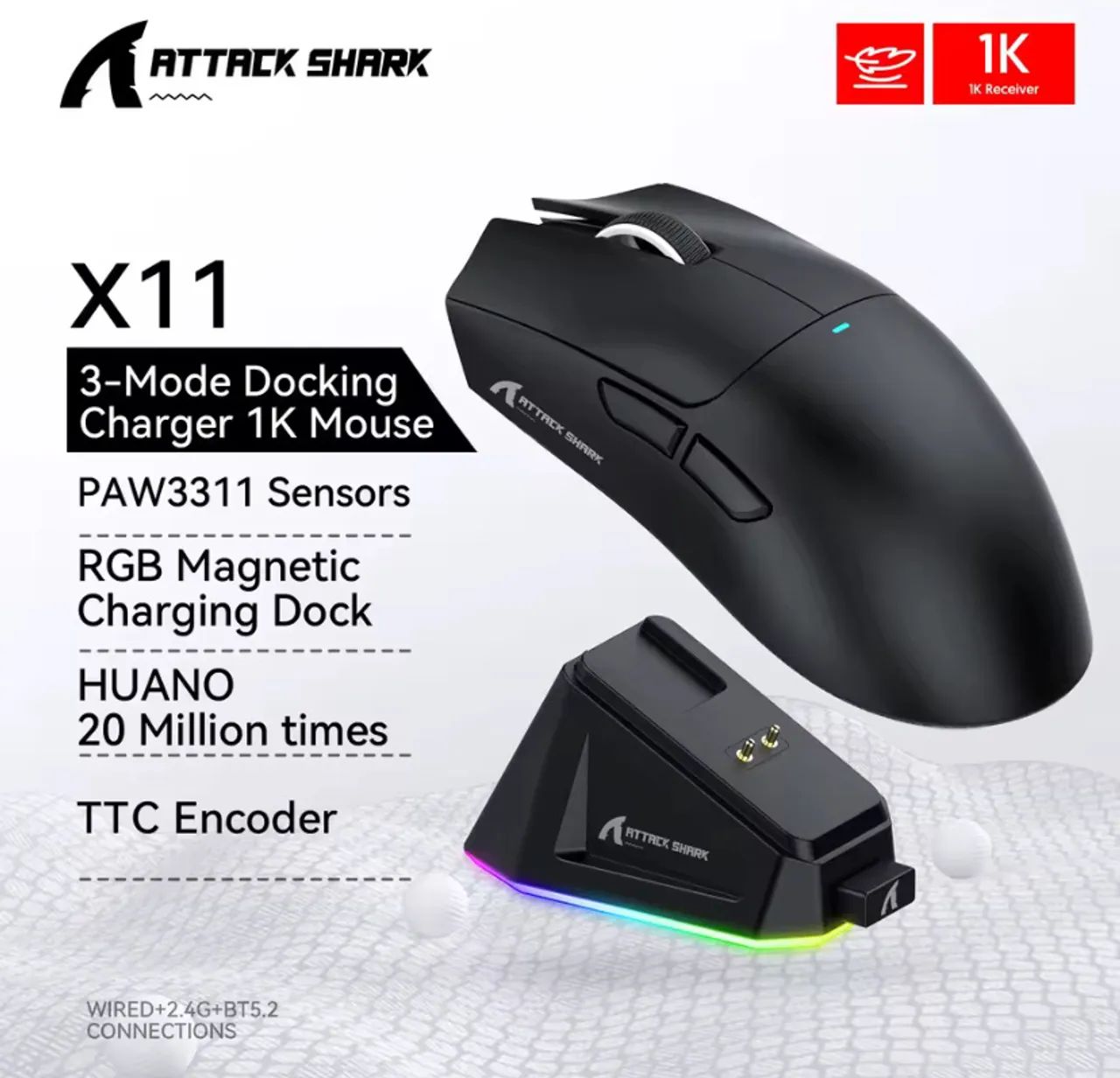 Attack Shark X11 Mouse Sem Fio PAW3311 Com Base Carregadora