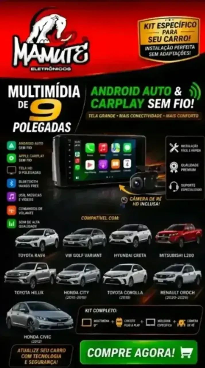 Multimídia com carplay e Android auto .todos veículos novas 
