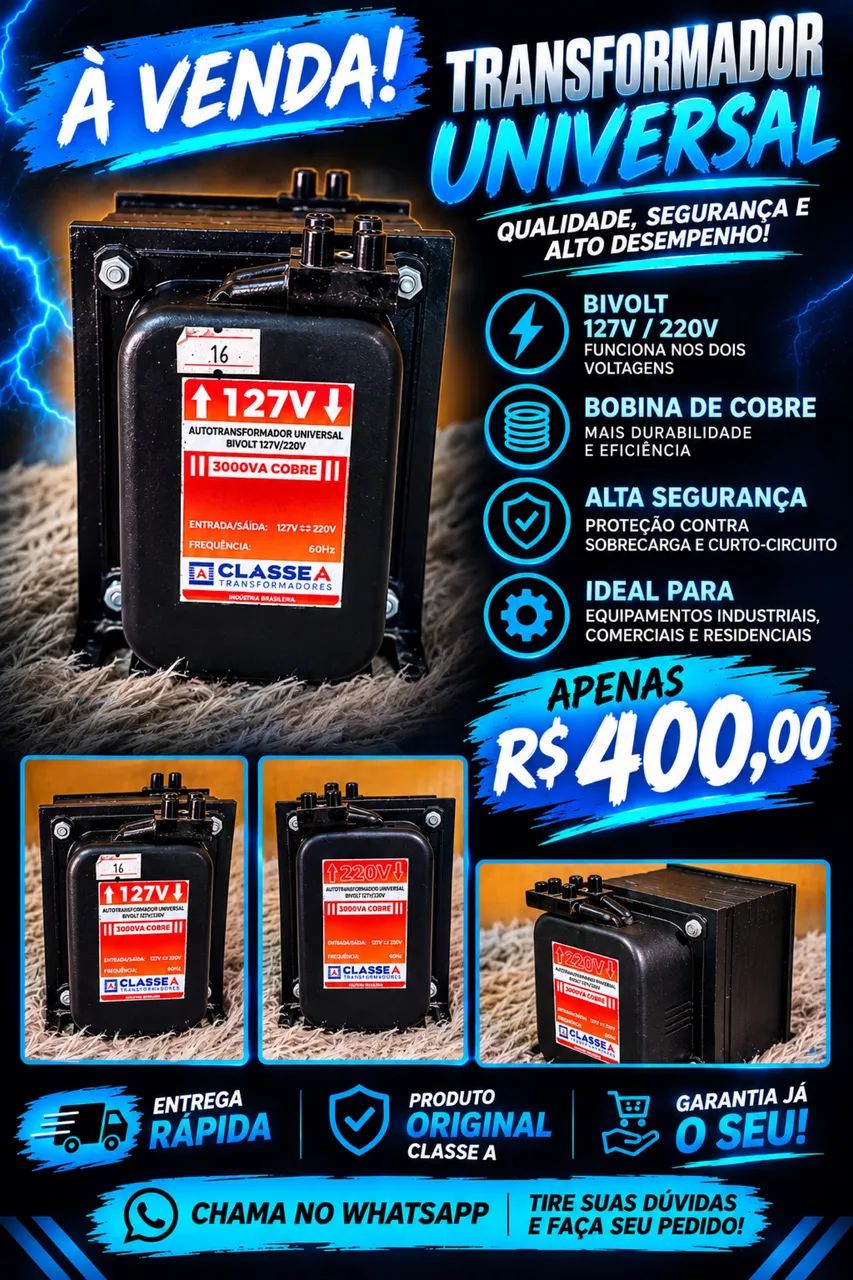 ? TRANSFORMADOR UNIVERSAL 3000VA COBRE BIVOLT 127V/220V 