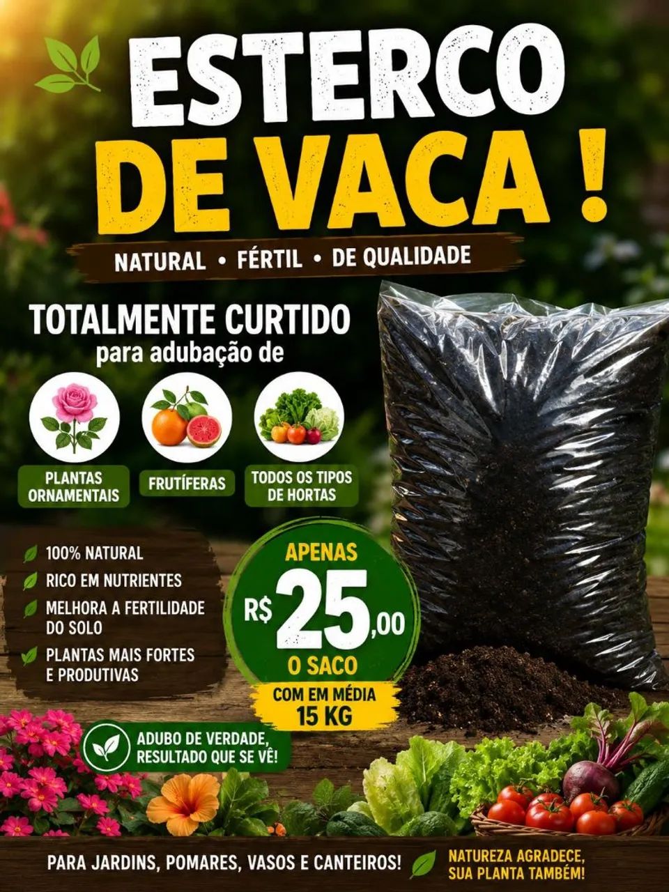 Esterco de vaca Adubo totalmente curtido 
