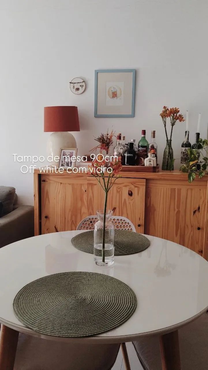 Tampo de mesa MDF Off white com vidro 90cm
