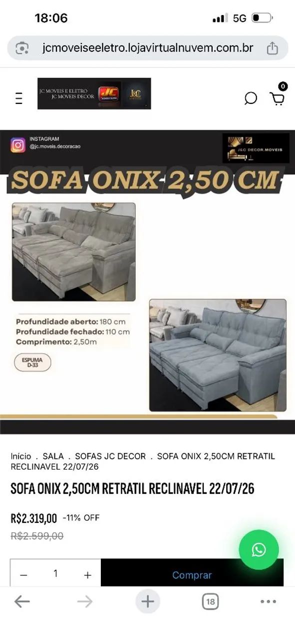 SOFA RETRÁTIL E RECLINÁVEL ONIX 
