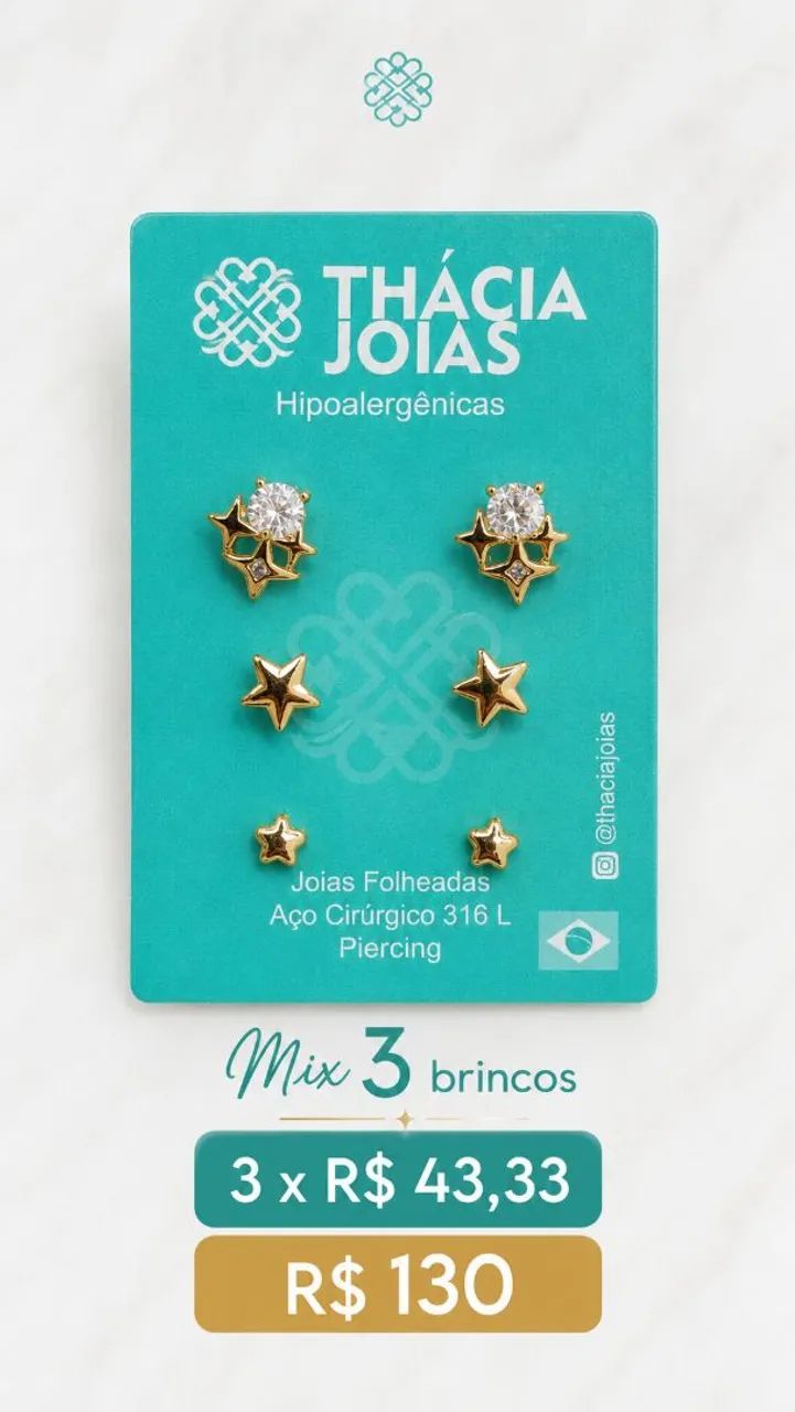 Mix 3 brincos estrelas folheados a ouro