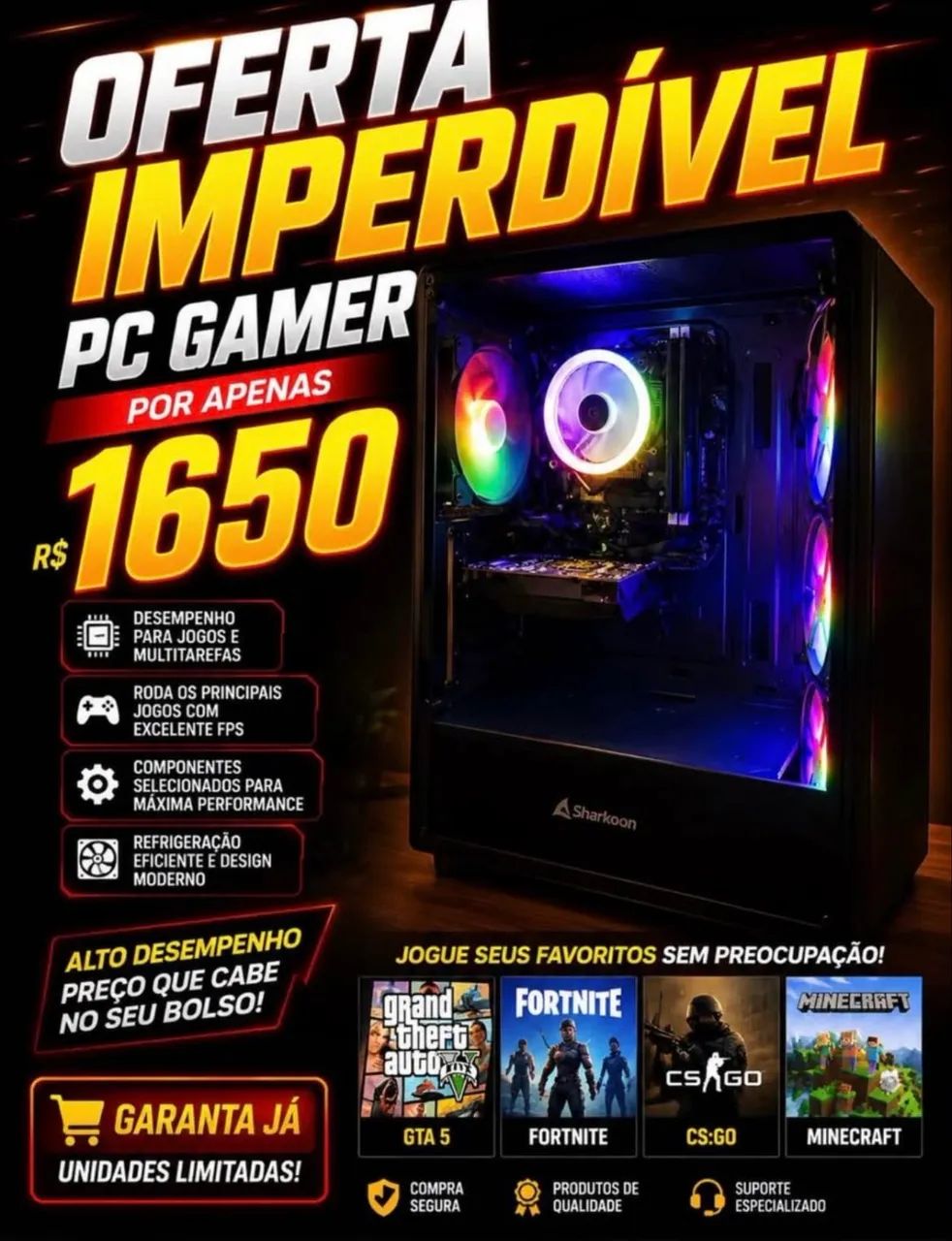 Pc gamer para sair rápido acompanha mouse e teclado 