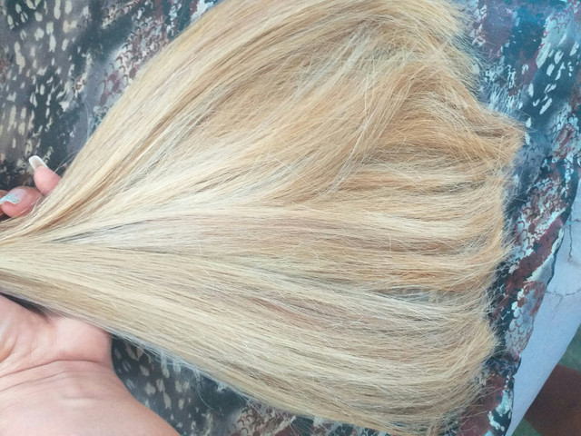 Cabelo humano loiro dourado.
