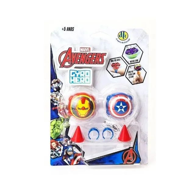 Pião de Batalha Carrinho Fricção Marvel Gyro Hero DTC - Homem de Ferro & Capitão América