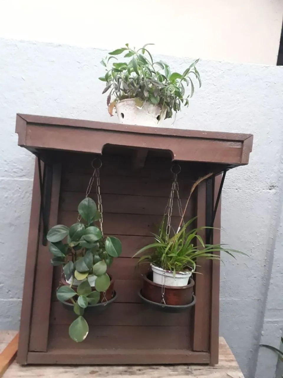 Suporte de madeira para plantas suspensas