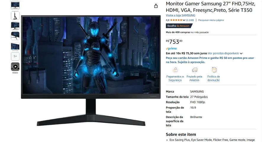Monitor Gamer Samsung 27" FHD,75Hz, HDMI, VGA, Freesync,Preto, Série T350