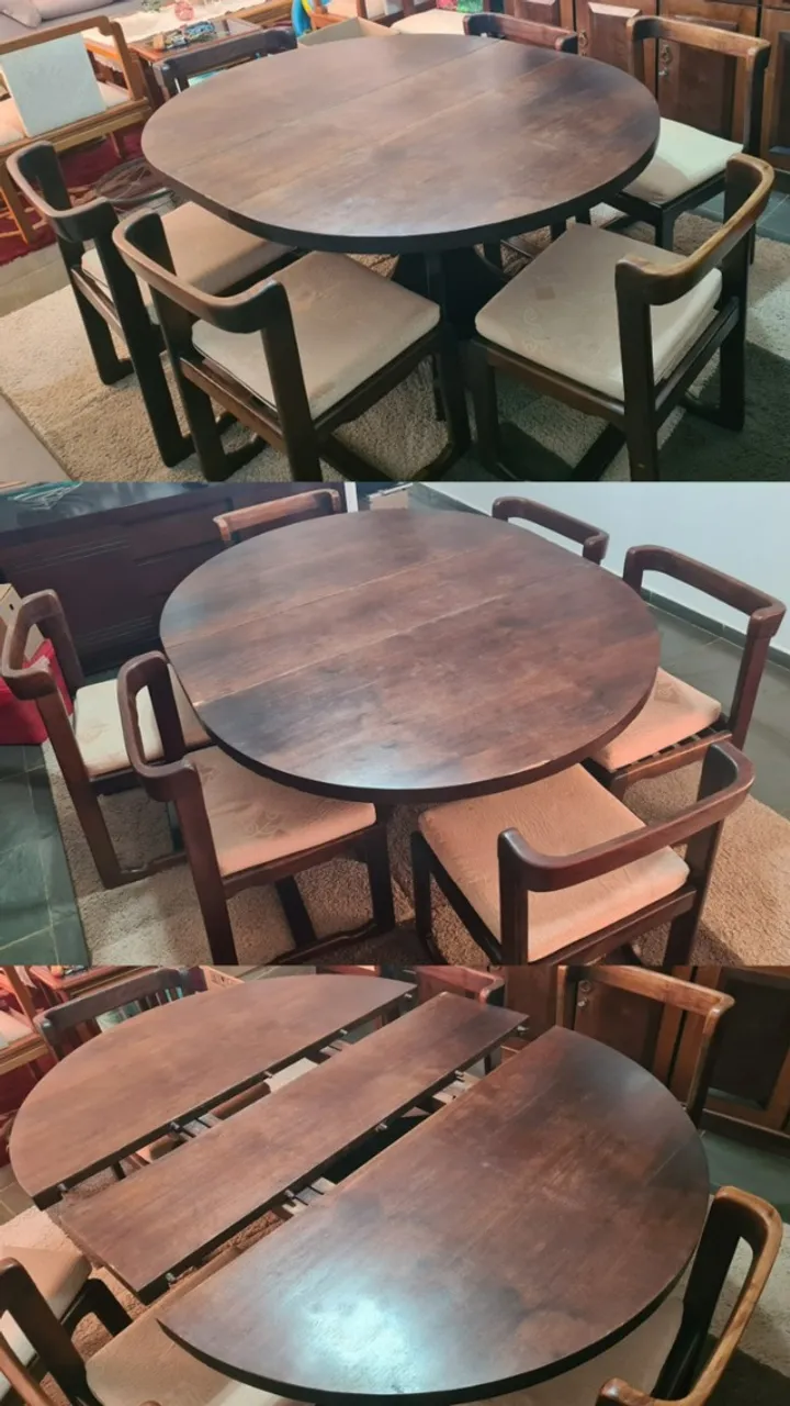 Mesa de jantar em Imbuia maciça, acompanha 6 cadeiras em excelente estado de conservação