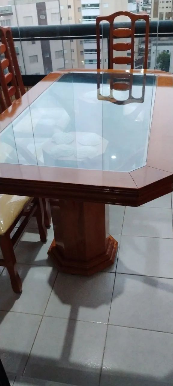 Mesa tampo em vidro 6 cadeiras com buffet e espelho - Foto 4