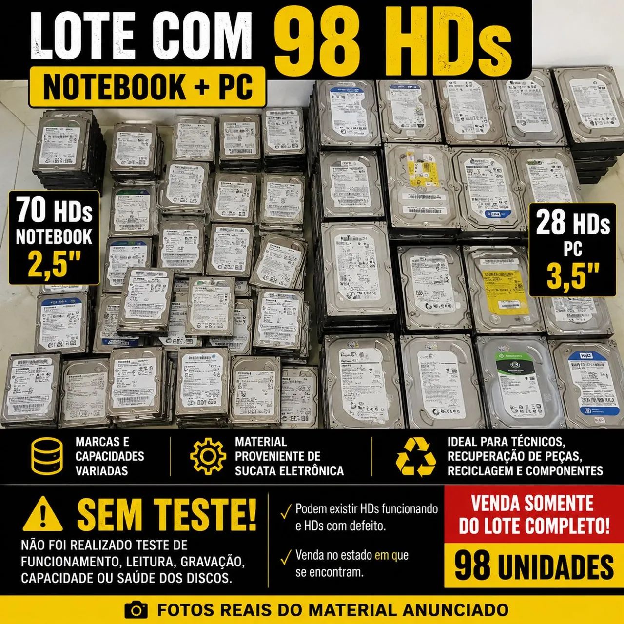 Lote 98 HDs Notebook + PC 2,5" e 3,5" - Sucata - Sem Teste