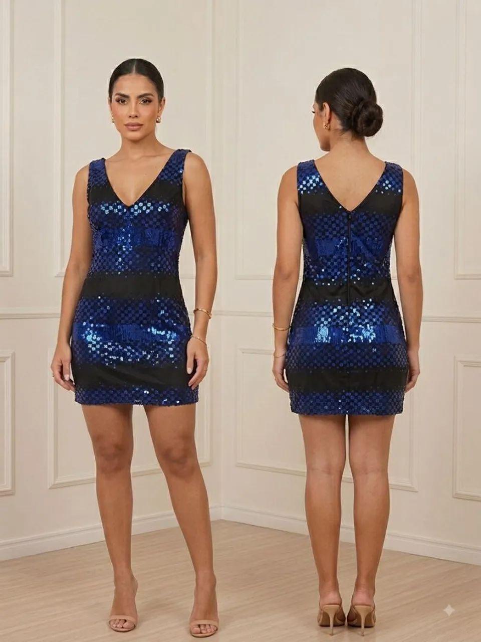 Vestido paetê azul e preto