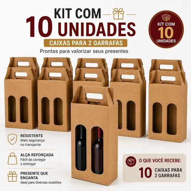 Kit 10 Caixas Para 2 Vinhos Com Visor Kraft 34 cm 