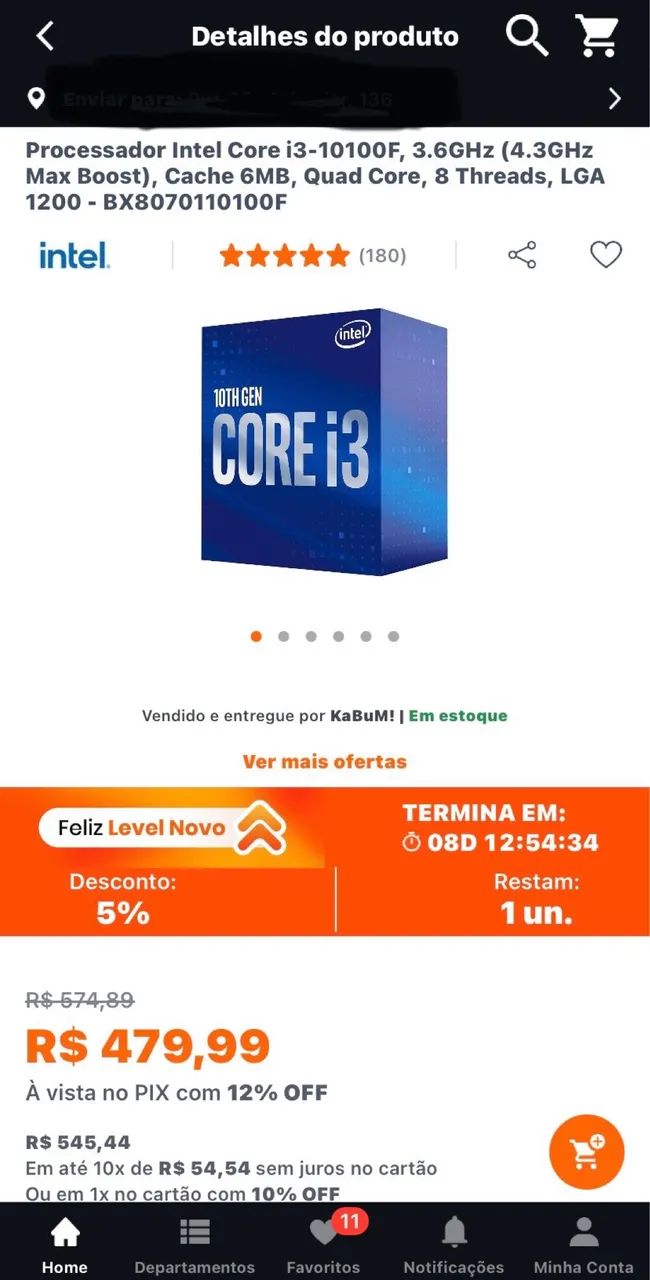 Processador Intel I3-10100F  ( i3 de 10ª geração)