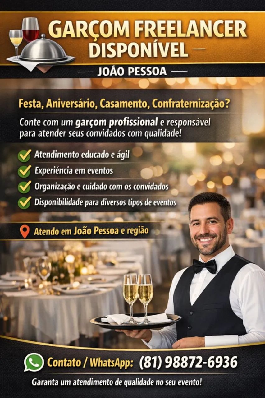 GARÇOM FREELANCER DISPONÍVEL - JOÃO PESSOA