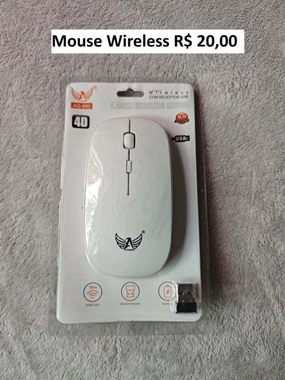 Mouse wireless sem fio branco slim - 2 pilhas