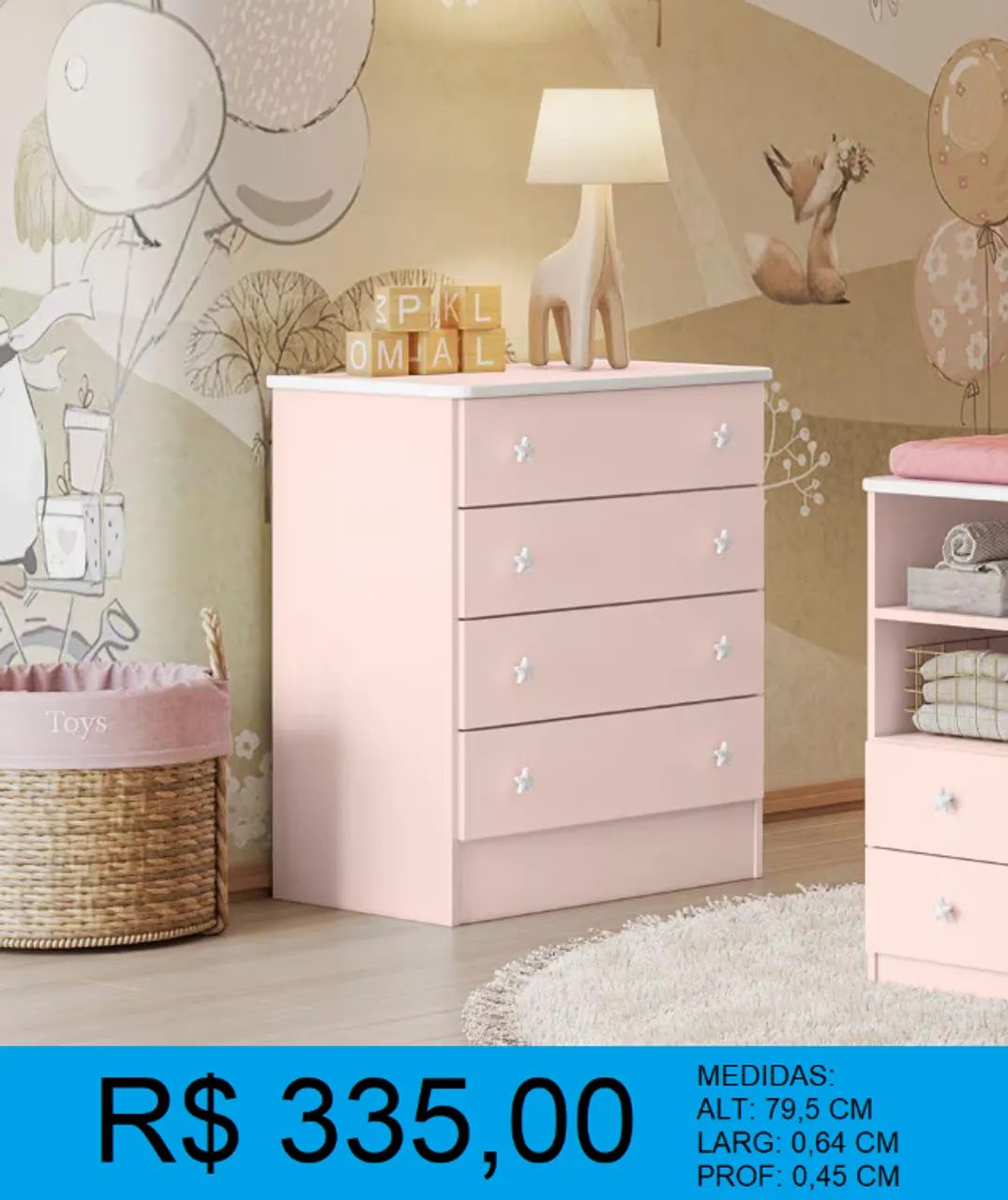 comoda infantil rosa com 4 gavetas - temos a pronta entrega 