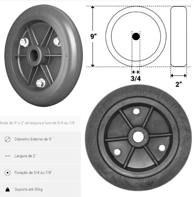 Par de Rodas Novas para Carrinho de Carga, pneu maciço. Rodas novas, sem uso.