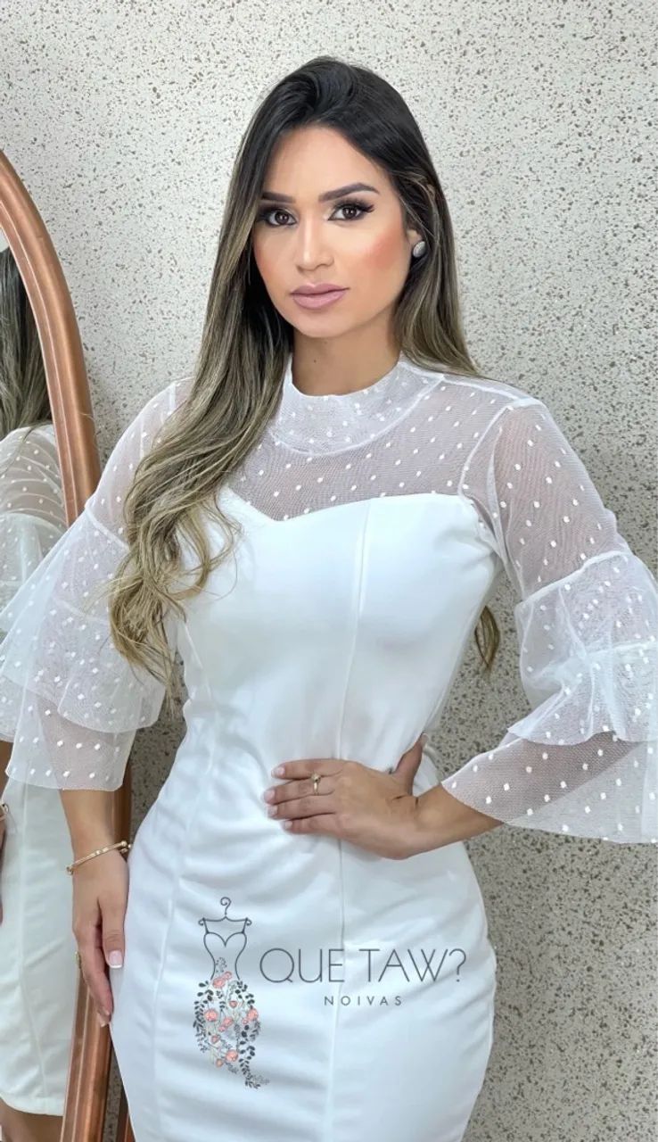 Vestido branco elegante com mangas flare  - Foto 3