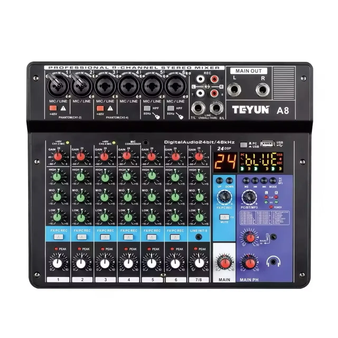 Mesa de Som 8 Canais TEYUN A8 - Digital 24bit/48kHz
